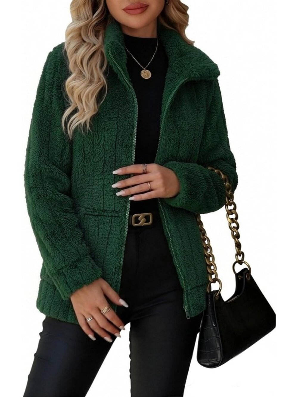 Women's Green Full Zip Stand Collar Fleece Sherpa Pockets long sleeve Jacket
